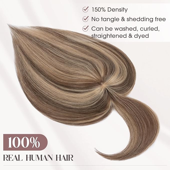 MY-LADY Human Hair Toppers for Women Real Human Hair with Bangs Thin 8.5 * 8.5CM Mono Base Clip in Straight Remy Hairpieces Light Weight 10 Inch Medium Brown Mixed Dark Blonde