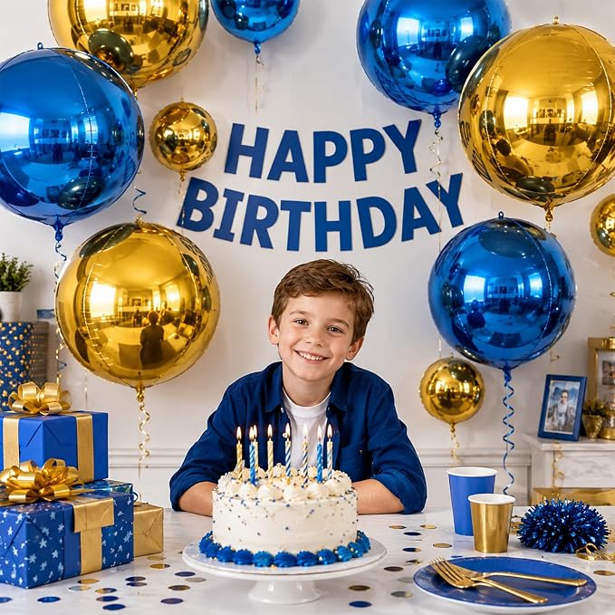 Biapian Blue and Gold Round Balloons Foil, Metallic Gold Blue Large Balloons - Image 3