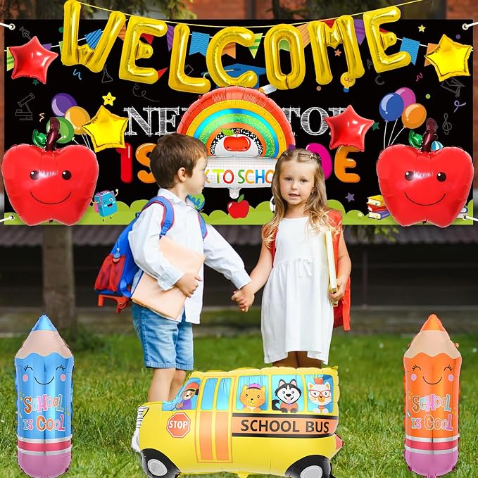 15 Pcs Back to School Balloons, School Bus Balloon, "WELCOME" Gold Letter - Image 3