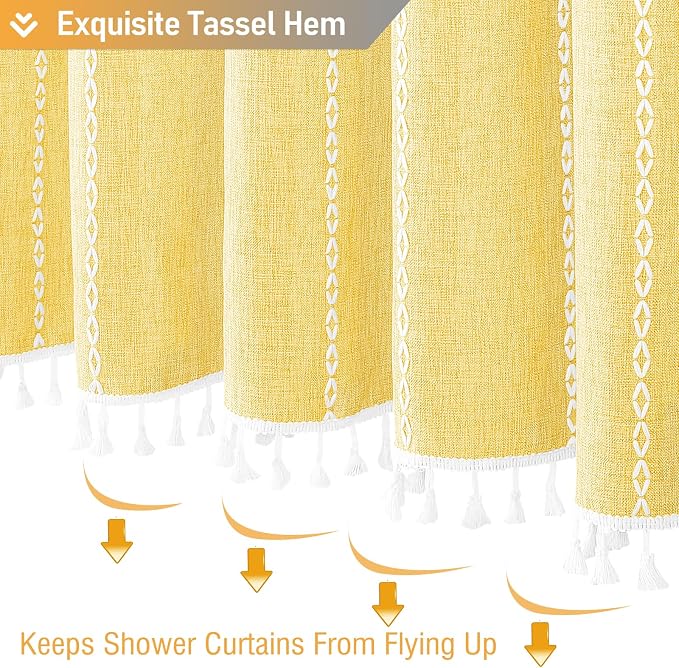 Yellow Cream Boho Farmhouse Linen Heavy Duty Shower Curtain Set, 72x72 | 330GSM - Image 6