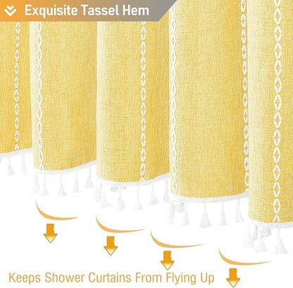 Yellow Cream Boho Farmhouse Linen Heavy Duty Shower Curtain Set, 72x72 | 330GSM - Image 6