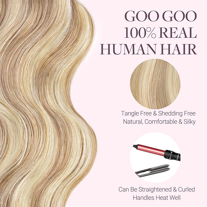 GOO GOO Tape in Hair Extensions Human Hair, 18F/60A Balayage Light Wheat Platinum Blonde, 14inch 50g 20pcs, Skin Weft Seamless Invisible, Silky Straight with Thick Ends, Remy Human Hair