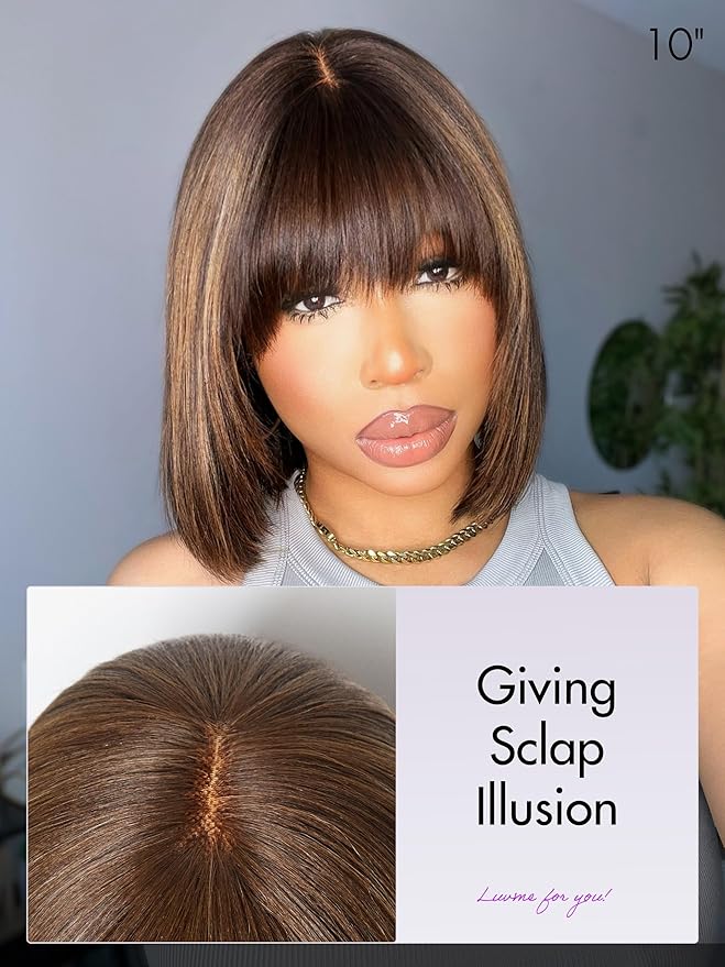LUVME HAIR 12Inch Ash Blonde Highlights Yaki Blunt Cut Bob Wig with Bangs Glueless Minimalist Lace Short Wig Breathable Cap