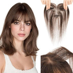 Hairro Human Hair Toppers with Wispy Bangs, 3D 360° Seamless Real Hair Toppers, Hand-Tied with 3.5"x4.7" T-shaped Base, Clip-In Hairpieces to Add Volume on Top, 11 Inch Dark Brown