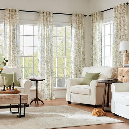 jinchan Green Floral Linen Curtains 84 Inch Farmhouse Back Tab 2 Panels | Light - Image 2