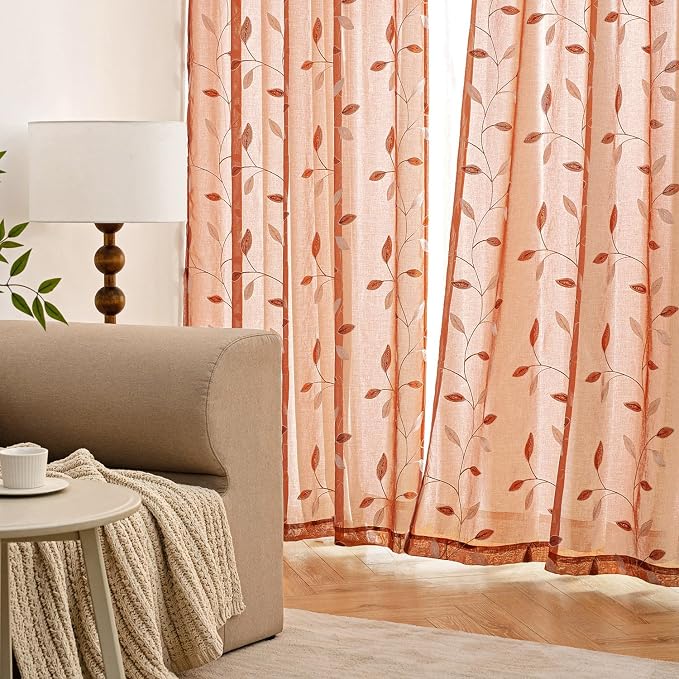 MIULEE Burnt Orange Sheer Fall Curtains 2 Panels Leaf Patterned, W52 x L63 | - Image 3