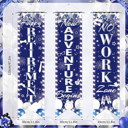 3Pcs Retirement Porch Sign Door Hanging Banner Blue Silver Happy Retirement - Image 3