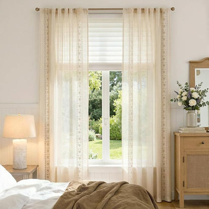 jinchan Floral Sheer Linen Curtains, Back Tab 50x84 Inch, 2 Panels Ivory | Semi - Image 3