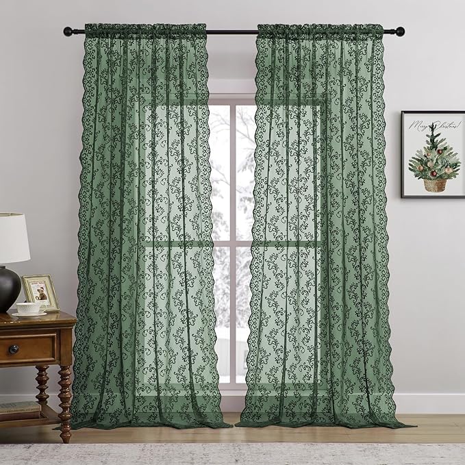 Dark Green Lace Curtains 72 Inches Long 2 Panels Country Vintage Sheer Lace - Image 2