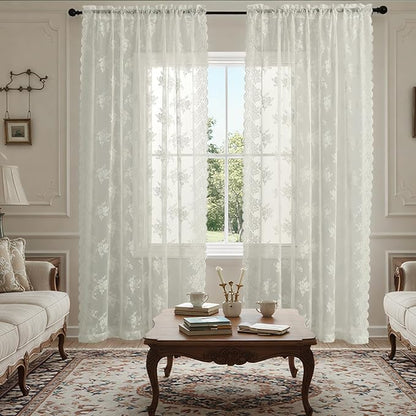 Kotile Ivory Lace Curtains for Bedroom Rustic Floral 52 x 84 Inch, 2 Panels | - Image 2