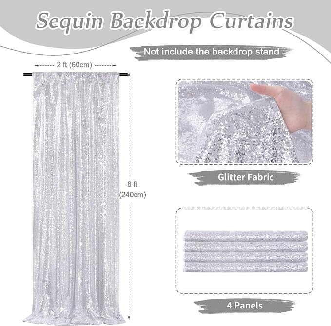 Silver Sequin Backdrop Curtains-4 Panels 2FTx8FT Silver Backdrop - Image 4