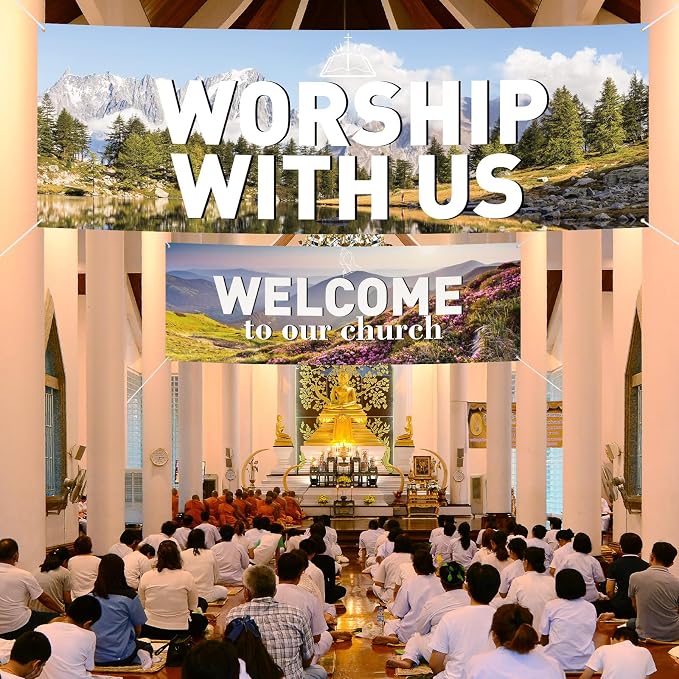 2 Pcs Worship with Us Large Banners 6 × 2ft Welcome to Our Church Flag Welcome - Image 2