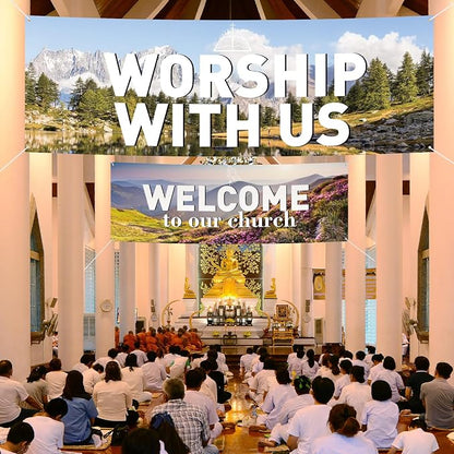 2 Pcs Worship with Us Large Banners 6 × 2ft Welcome to Our Church Flag Welcome - Image 2