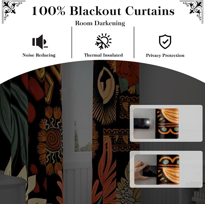 Tyrot 100% Blackout Black Boho Floral Curtains - Image 3