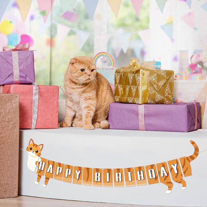 Cat Happy Birthday Banner Orange Cat Banner Bunting Flag Garland Party - Image 8