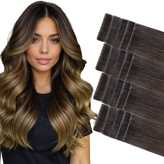GOO GOO Invisi Edge Tape in Hair Extensions Human Hair, 1D/2C/4E Chocolate Dip Color Melt 20pcs 12inch 40g, Virgin Remy Hair, Seamless Injected Tape, Natural Look