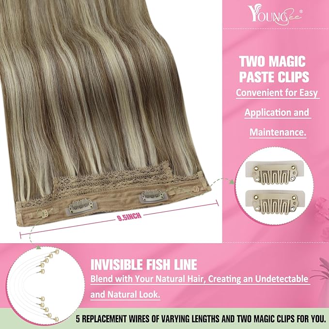 YoungSee 120G Wire Hair Extensions Highlights Invisible Wire Human Hair Extensions Highlight Light Brown With Blonde Fish Line Hair Extension Human Hair 18Inch