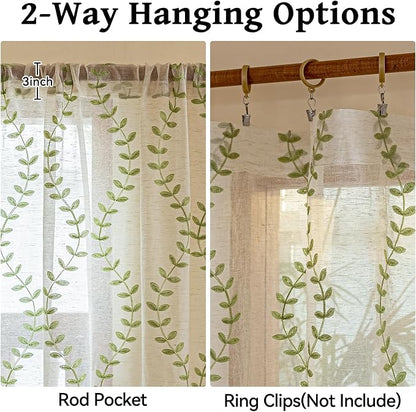 2 Panels Linen Leaf String Floral Embroidered Semi Sheer Curtain Farmhouse - Image 5