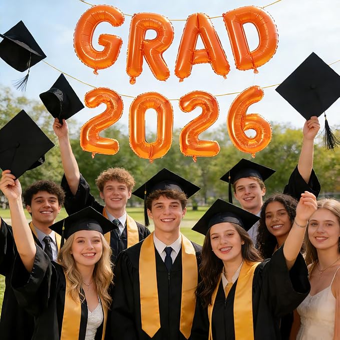 Orange GRAD 2026 Banner Balloons, 16 Inch Mylar Foil letter Graduation Balloons - Image 3
