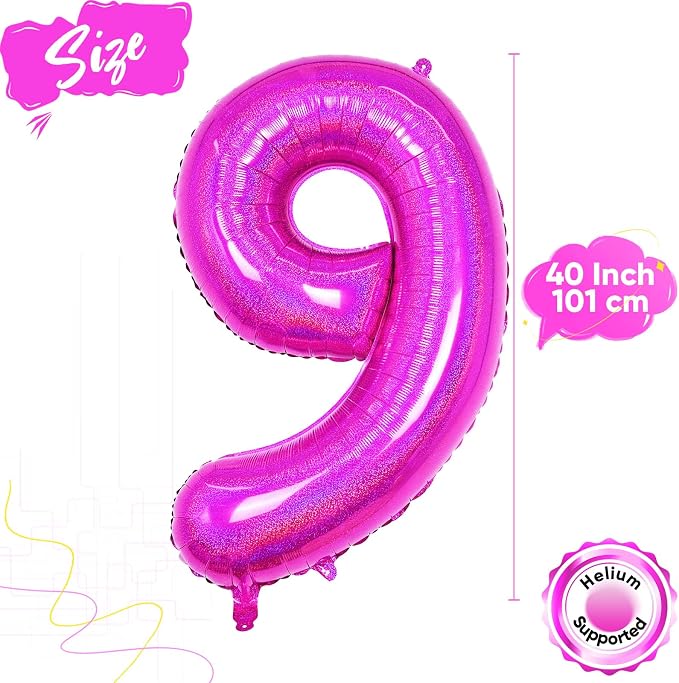 Hot Pink 9 Balloon, 40 Inch Large Laser Hot Pink Foil Helium Number Balloons 0-9 - Image 2