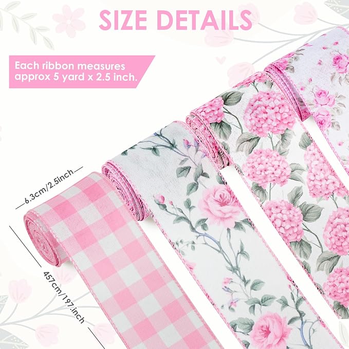 4 Rolls Pink Floral Wired Ribbon Set - Image 6