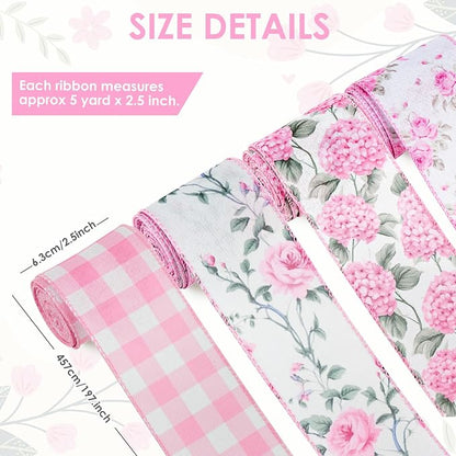 4 Rolls Pink Floral Wired Ribbon Set - Image 6