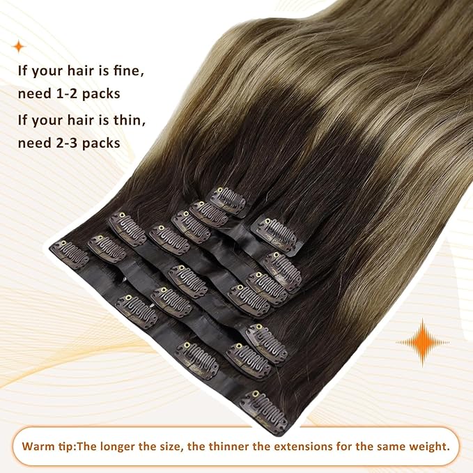 Full Shine Balayage Hair Clip in Extensions Short Hair Extensions Clip ins Ombre Dark Brown to Medium Brown Mix Honey Blonde Hair Clip in Extensions 12 Inch 8 PCS 95 G