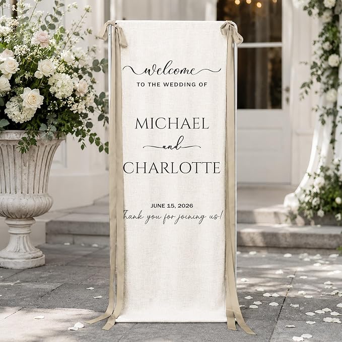 Personalized Fabric Wedding Welcome Sign, Cotton Linen Banner - Image 2