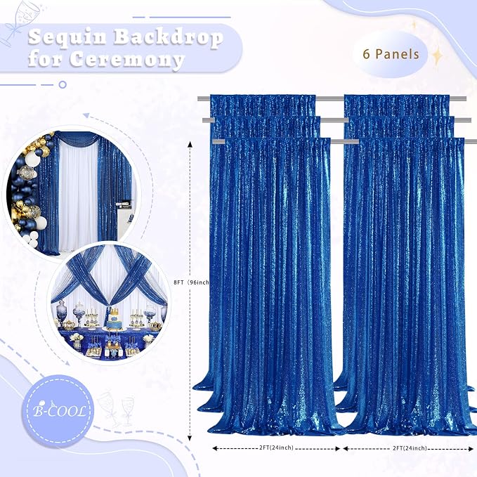 Royal Blue Sequin Curtains Backdrop 6 Pcs 2FTx8FT Shiny Shimmer Fabric | - Image 3