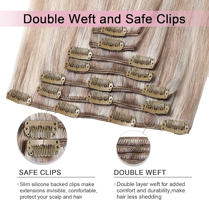 Pro2.0 Remy Real Human Hair Extensions Clip ins 120g Thick 7pcs Color #18p1000 Ash Blonde with Bleach Blonde Remy Clip in Hair Extensions Real Human Hair 16inch Double Weft（#18P1000-16inch）