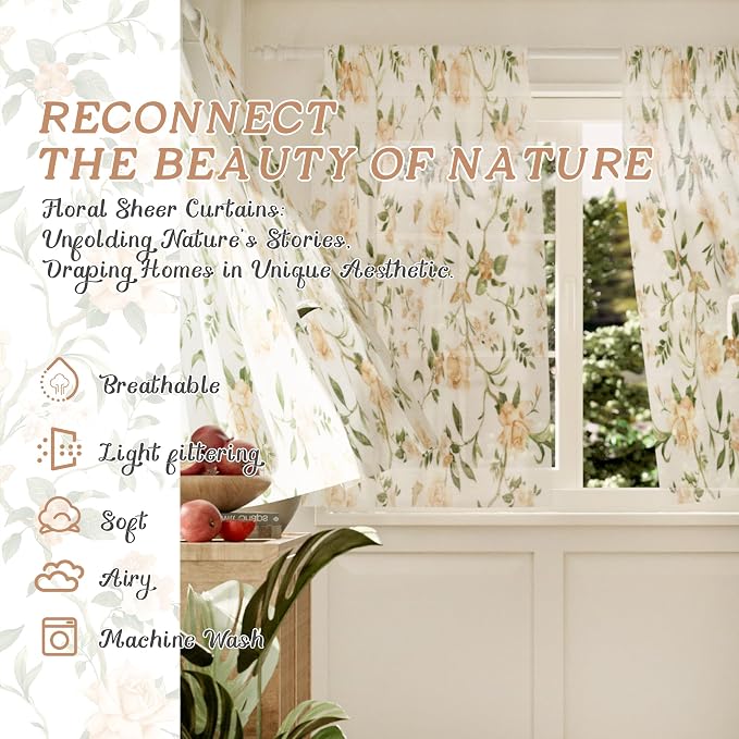 Sheer Curtains 45 Inch Length 2 Panels, Floral Patterned Linen Look Semi-Sheer - Image 2
