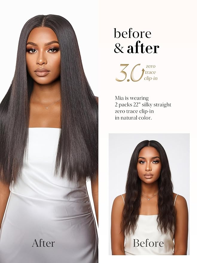 LUVME 0.59mm Zero Trace Invisible Clip in Hair Extensions, Yaki Straight 2 Pack 7 Pcs 100g 18 Inch, 100% Real Human Hair Clip Ins, Invisible Multi Piece System, Comfortable Wear for School & Work
