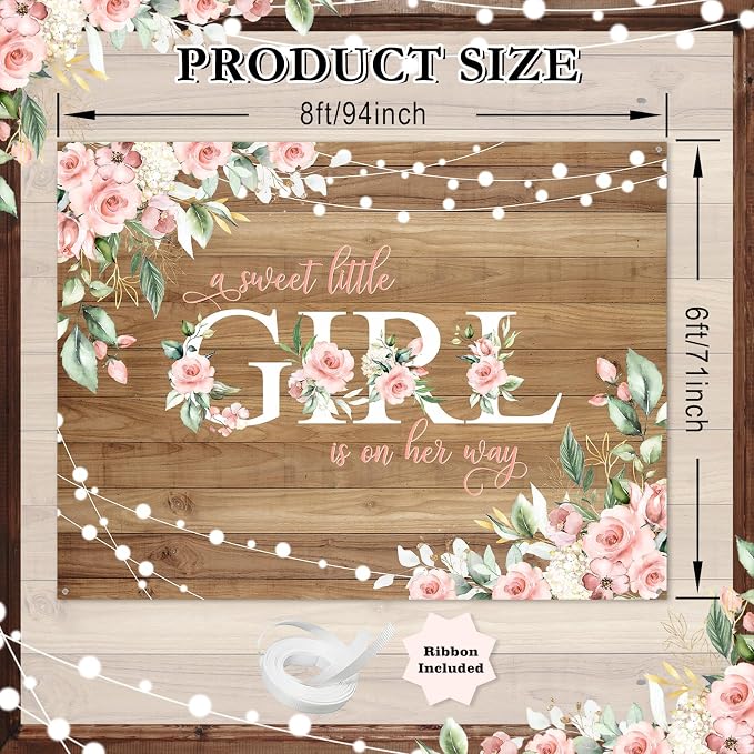 8 x 6 ft Rustic Wood Baby Shower Backdrop A Sweet Little Girl is on Her Way - Image 2