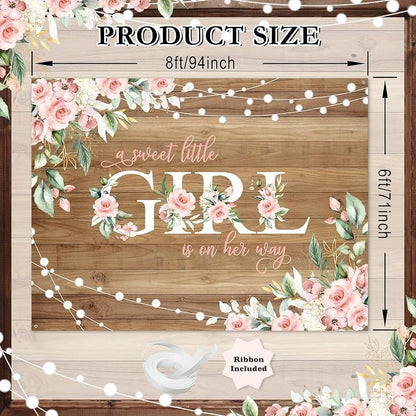 8 x 6 ft Rustic Wood Baby Shower Backdrop A Sweet Little Girl is on Her Way - Image 2