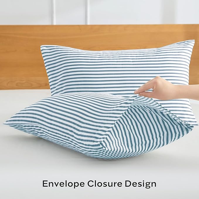 JELLYMONI 100% Natural Cotton Striped Queen Pillowcases Set, 2 Pack White and Grayish Blue Stripes Pattern Printed Pillow Covers with Envelope Closure(Pillows are not Included)