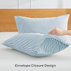 JELLYMONI 100% Natural Cotton Striped King Pillowcases Set, 2 Pack White and Grayish Blue Stripes Pattern Printed Pillow Covers with Envelope Closure(Pillows are not Included)