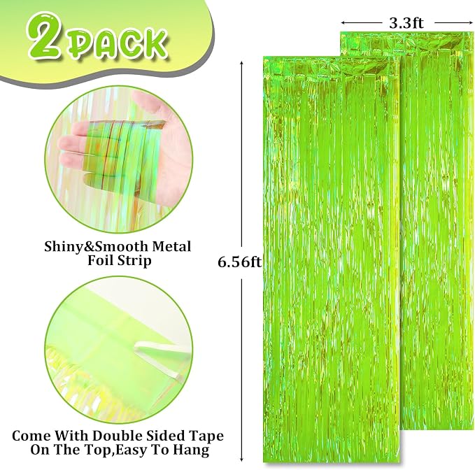 Voircoloria Green Iridescent Fringe Backdrop Curtains, 2 Pack | Tinsel Streamers - Image 3