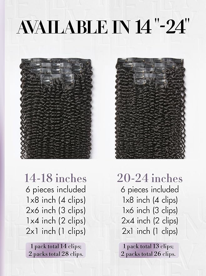 LUVME Invisible Clip ins Hair Extensions Deep Kinky Curly Real Human Hair Remy Hair Clip ins for Women, Natural Human Hair, 16 inch 110g 6Pcs, Natural Black