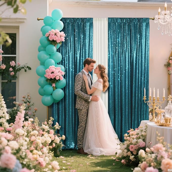 PartyDelight Teal Sequin Backdrop Curtains 2x8ft 2 Panels | Sparkly 3mm sequins - Image 3