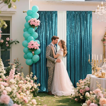 PartyDelight Teal Sequin Backdrop Curtains 2x8ft 2 Panels | Sparkly 3mm sequins - Image 3