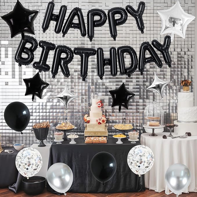 Happy Birthday Balloon Banner Black Silver, 16 Inch Mylar Foil Letter Balloons - Image 4