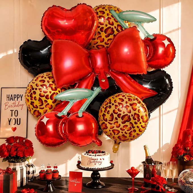 10Pcs Red Bow Cherry Cheetah Print Foil Balloon Set Women Party Photo Booth | - Image 5