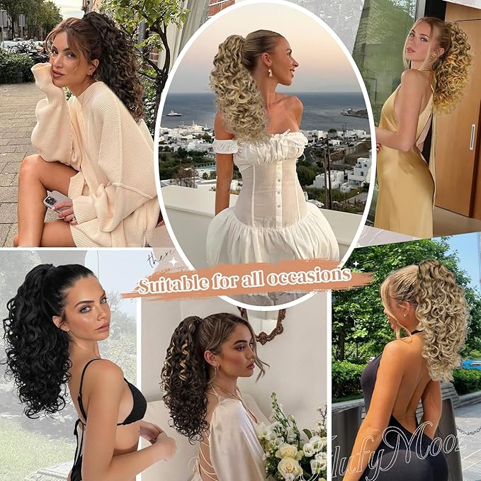 Flufymooz 100％ Pure Protein Ponytail Extension, 18 Inch Curly Claw Clip Ponytail Hair Extensions Natural Soft pony tail hairpiece for women-Dark Chocolate Brown