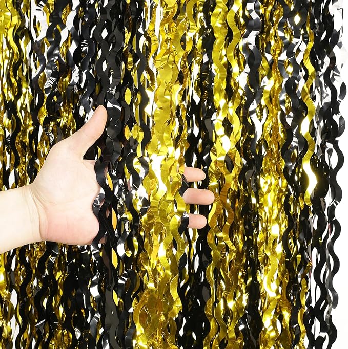 KEEUH 4 Pack Black and Gold Wavy Foil Fringe Curtains Pirthday Decorations by KEEUH