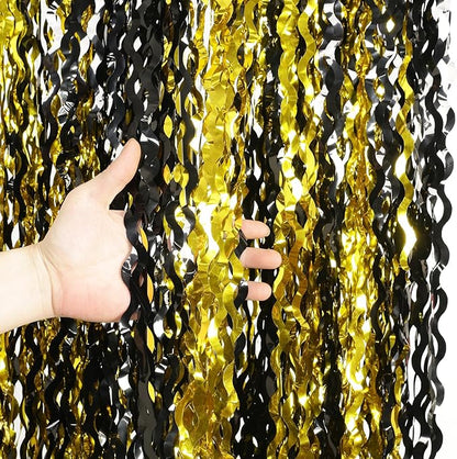 KEEUH 4 Pack Black and Gold Wavy Foil Fringe Curtains Pirthday Decorations by KEEUH