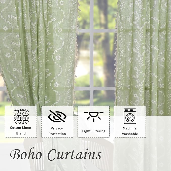 Schweek Sage Green Boho Curtains 84 Inches Length 2 Panels - Image 4