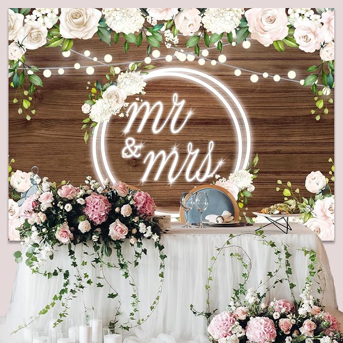 Mr and Mrs Wedding Backdrop Decorations 8x6Ft | White Rose Floral Wooden - Image 4