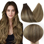 Full Shine Tape in Hair Extensions Human Hair 12Inch Adhesive Tape in Extensions Human Hair Balayage Color 2 Darkest Brown Ombre 3 Brown and 27 Honey Blonde Seamless Extensions 30G 20Pcs Soft Remy