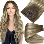Full Shine Seamless Human Hair Clip in Extensions 22 Inch Light Brown Balayage Blonde Invisible Hair Extensions with PU Weft Seamless Clip ins 8 Pcs 120 G