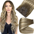 Full Shine Brown Seamless Hair Extensions Clip ins Balayage Chestnut Brown to Platinum Blonde Human Hair Clip in Extensions for Woman Washability 14 Inch 8 PCS 120 G